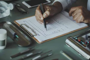 Mesa con hojas e instrumentos de una Licenciatura en Medicina.