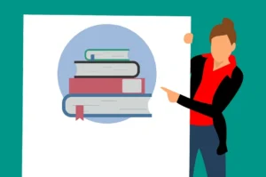 Animación de una mujer señalando unos libros.