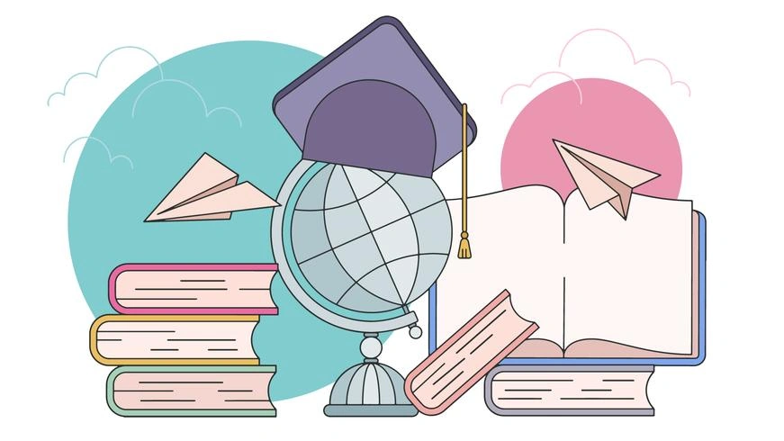 Libros y birrete con figuras de papel representando un intercambio estudiantil.