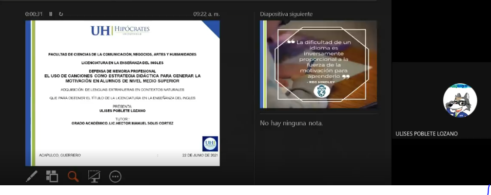 Ulises Poblete presento su investigación por el titulo de enseñanza en ingles